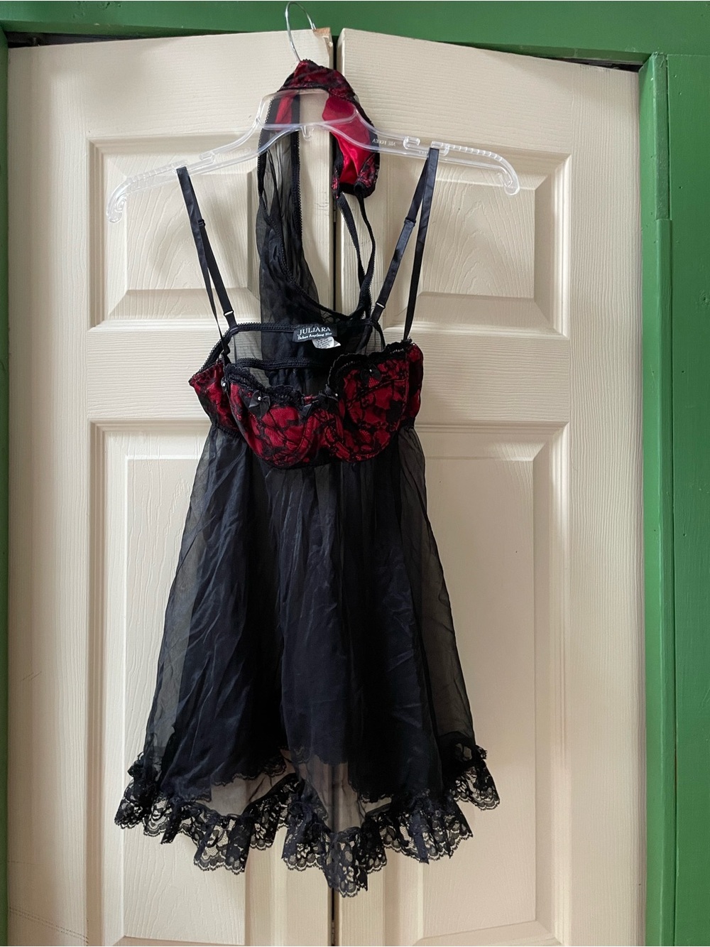 Red & Black Lace Halter Babydoll Chemise - Women Intimates
